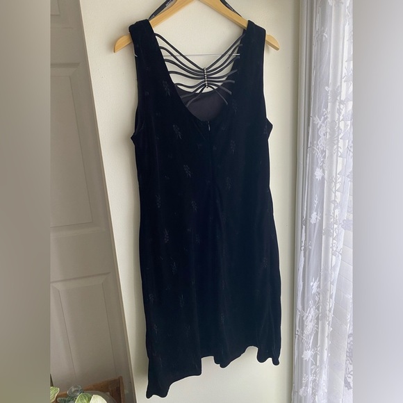 Vintage Black Velvet 90s Dress with Strappy Back Rhinestones Mini Embroidered 14 - Picture 2 of 5